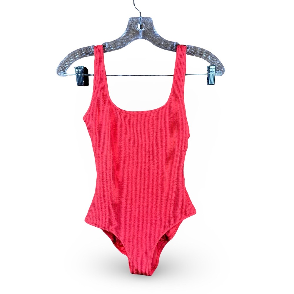 Aerie Shine Pique Babewatch One Piece Swimsuit Red Ribbed UPF 50 Low Back
